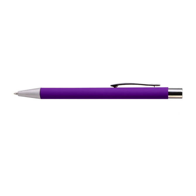 A purple aluminium pen with a silver tip and clip, featuring a branding logo.