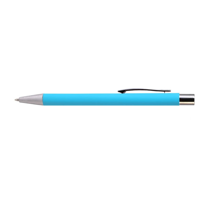 A turquoise aluminium pen with a silver clip and tip, featuring a branding logo.