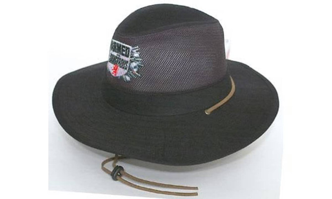 A black safari hat featuring mesh panels and a branding logo, with an adjustable cord.