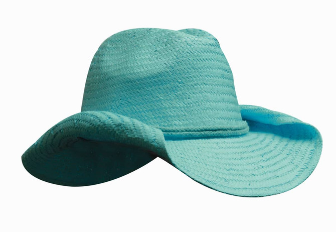 A turquoise straw hat with a wide brim and a soft crown, featuring a simple design and texture.