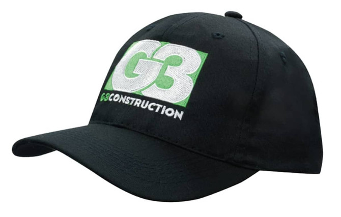 A black cap with an embroidered logo featuring green and white detailing.