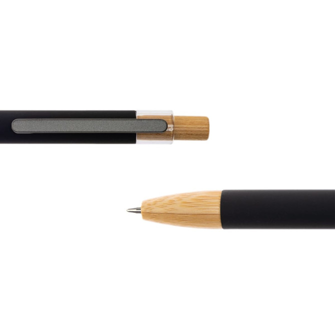A metal pen with a black matte finish and bamboo accents, featuring a clip and a nib at each end.