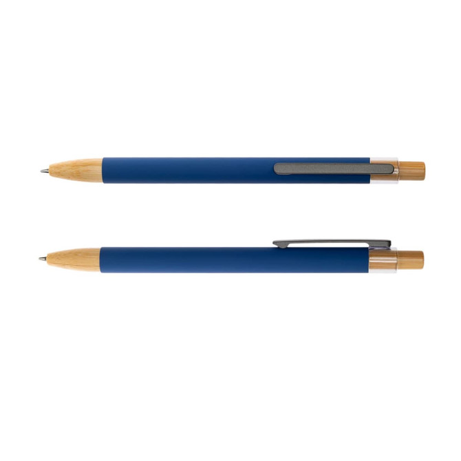A set of blue aluminium pens with wooden accents and metal clips, featuring a brand logo.