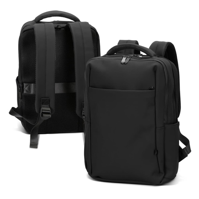 A black soft-touch daily backpack with padded straps and multiple compartments, featuring a logo.
