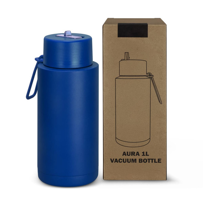 A drink bottle in blue, with a lid and a strap, next to its brown cardboard packaging featuring an outline design.