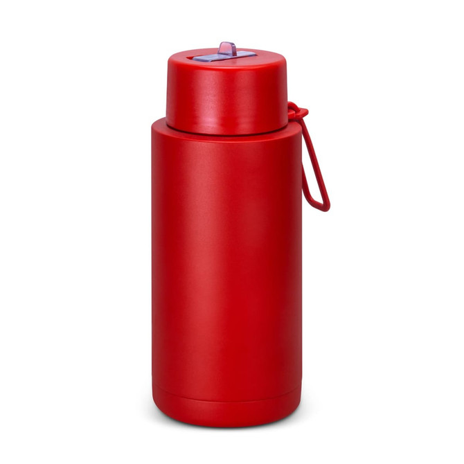 A drink bottle in bright red with a secure lid and a carrying strap, featuring a logo on the front.