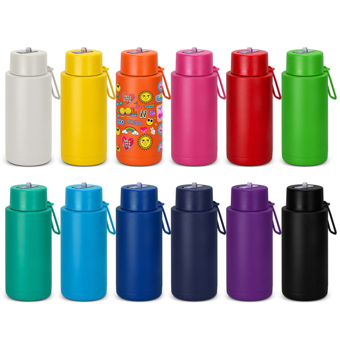 A drink bottle collection featuring 12 vacuum bottles in various colours, including white, yellow, pink, red, green, navy, purple, and black. Each bottle has a logo.