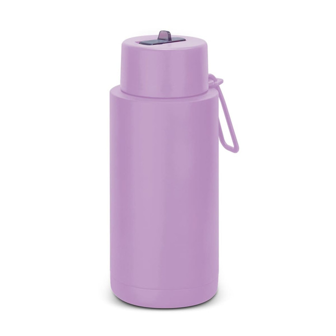 A drink bottle in a light purple shade, featuring a removable lid and a carrying strap, with branding.