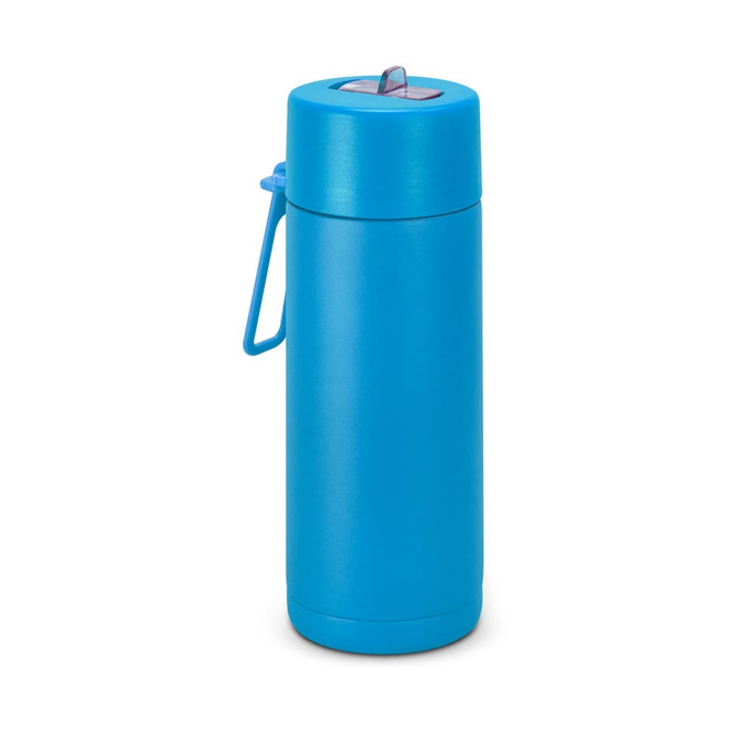 A drink bottle in bright blue, featuring a secure lid and a handle for easy carrying. It has a logo.