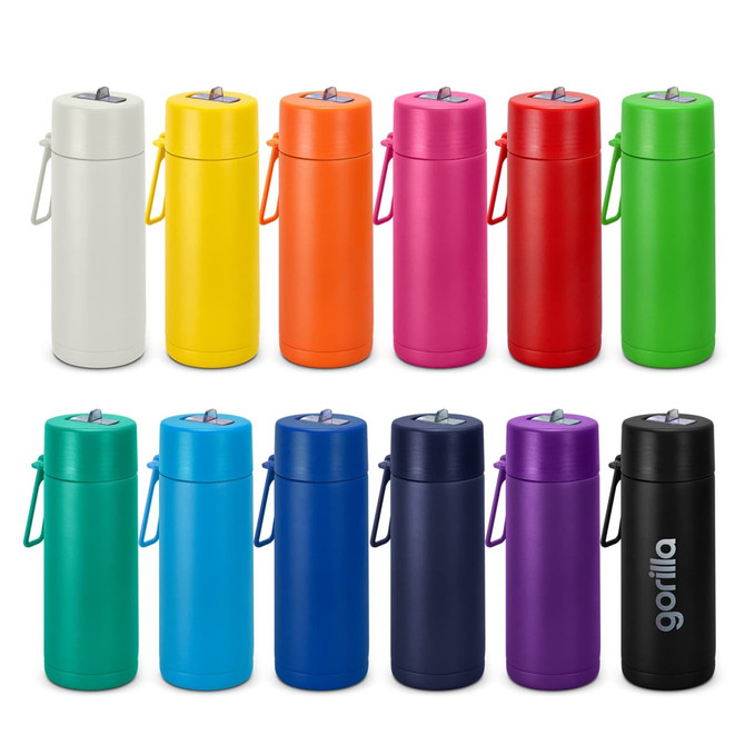 A drink bottle collection featuring various colours including white, yellow, orange, pink, red, blue, and black, with a logo.