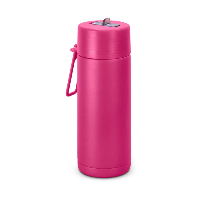 A drink bottle in bright pink, featuring a lid with a spout and a side handle. It has a logo on the body.