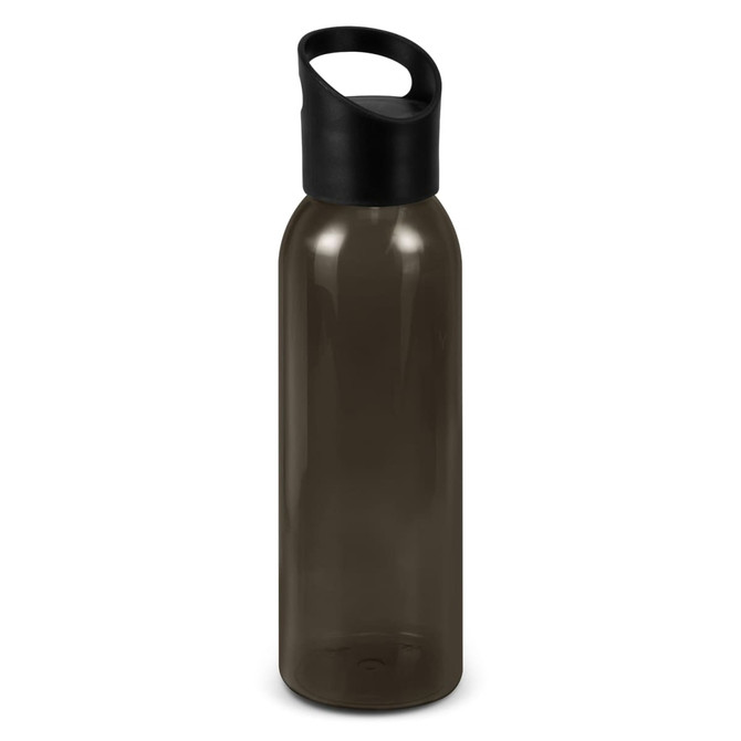 A drink bottle in a smoky grey colour with a black lid and a handle, featuring a logo.
