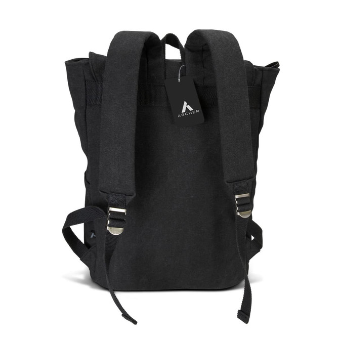 A black canvas backpack with adjustable straps and a tag. Features a minimalist design and has a logo.