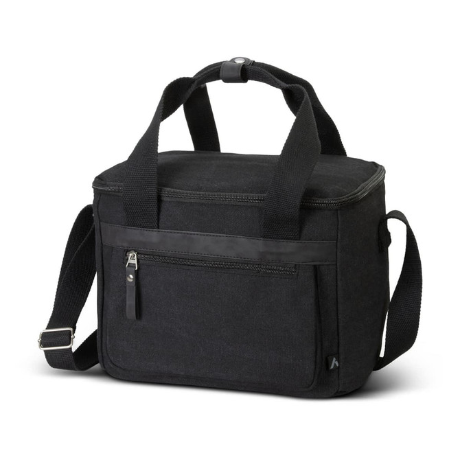 A black cooler bag with a zippered top, carrying handles, and a detachable shoulder strap. It has one front pocket and a logo.