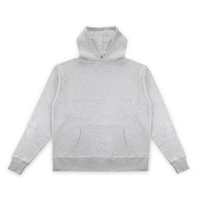 A grey hoodie featuring a front pocket and a classic hood design. It has a branding logo.