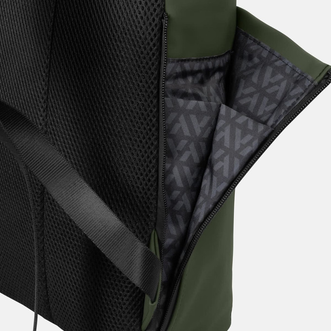A flap backpack in dark green, featuring a mesh outer layer and a patterned interior lining.