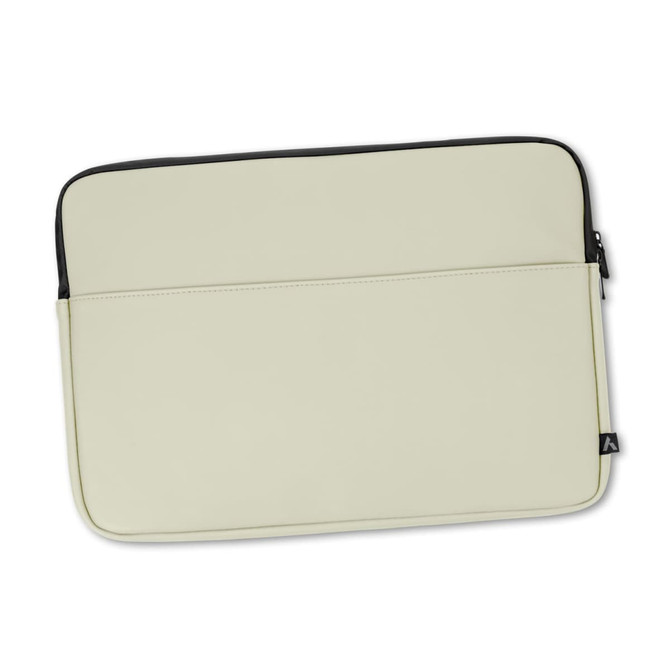A soft-touch laptop sleeve in cream with a black zipper and a branding logo.