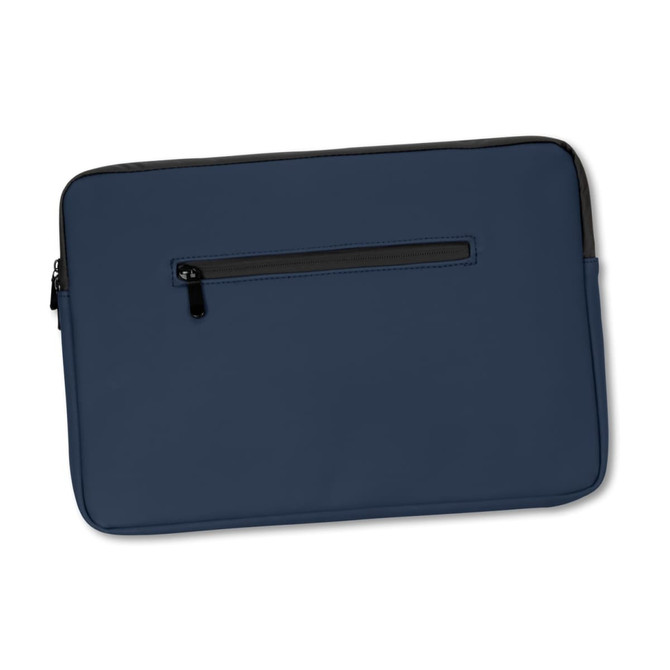 A soft-touch laptop sleeve in navy blue with a black zippered pocket and branding on the front.