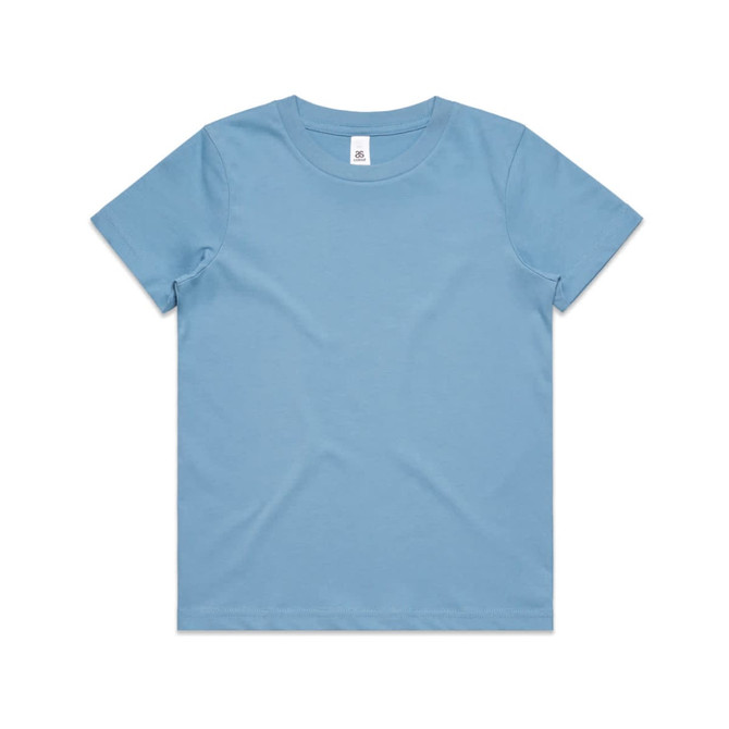 A blue staple tee for kids featuring a classic crew neck design and short sleeves. Includes a logo on the label.