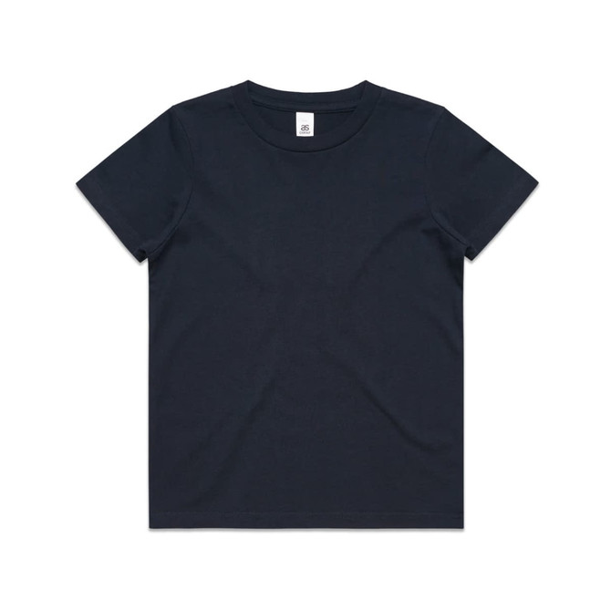 A dark navy t-shirt with a classic crew neck and short sleeves. It features a label at the neckline.