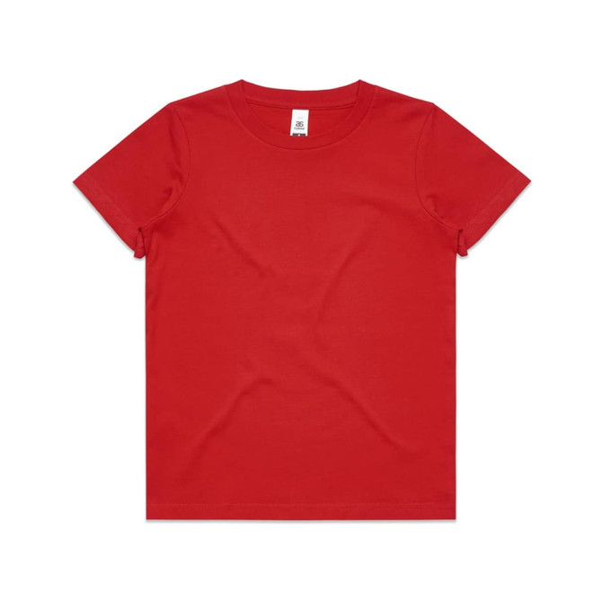 A red kids' t-shirt with a classic fit and crew neck, featuring a logo on the label.