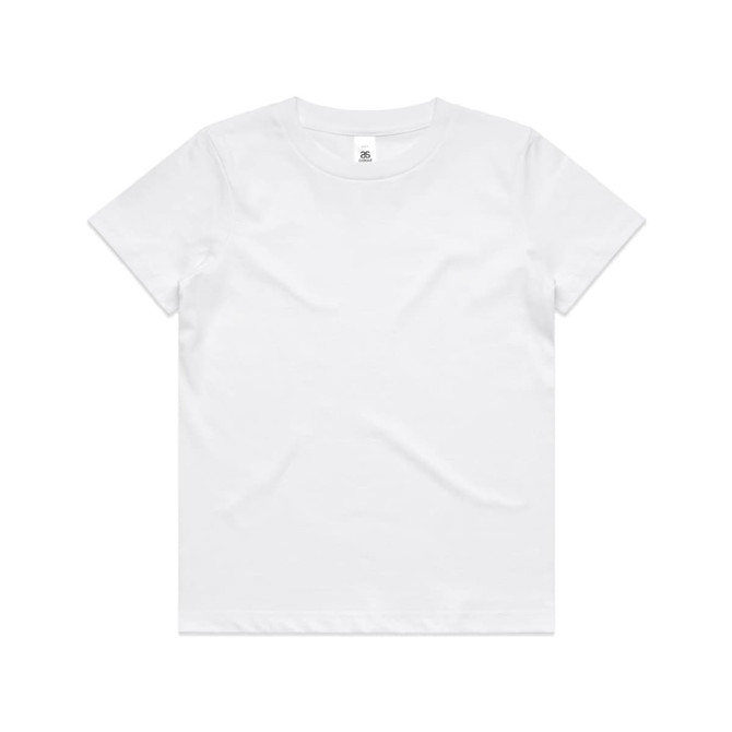 A white kids' t-shirt featuring a round neck and short sleeves, with a logo on the label.