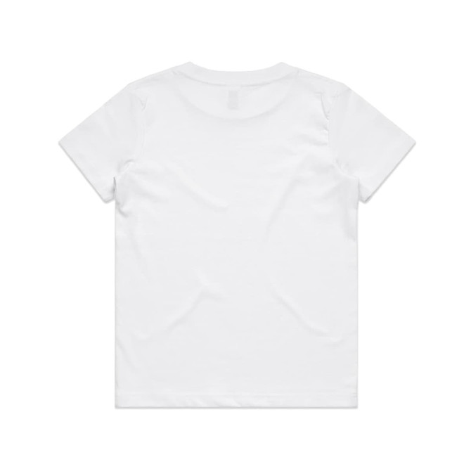 A white kids' staple tee with a simple design featuring short sleeves and a round neckline, displaying a brand logo.