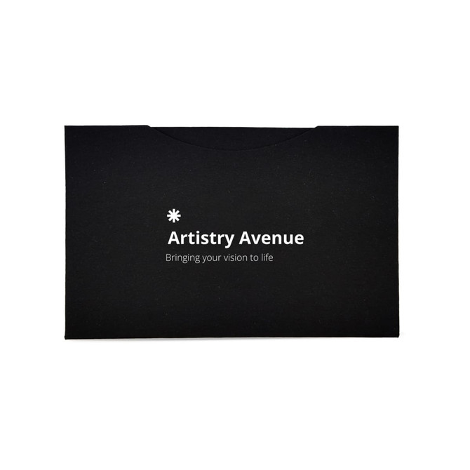 A black pouch containing a lens cloth set, featuring a logo and text on the front.