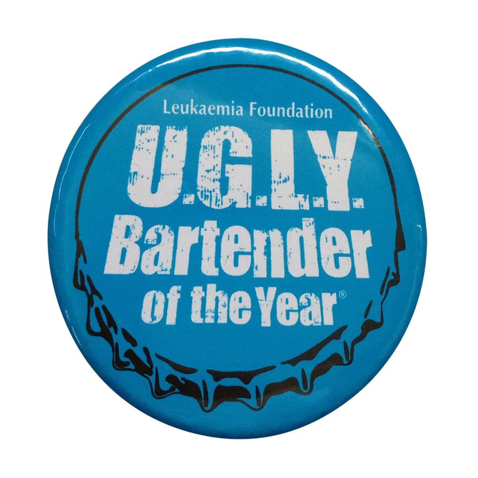 A drink bottle opener featuring a blue button badge design with a prominent logo.