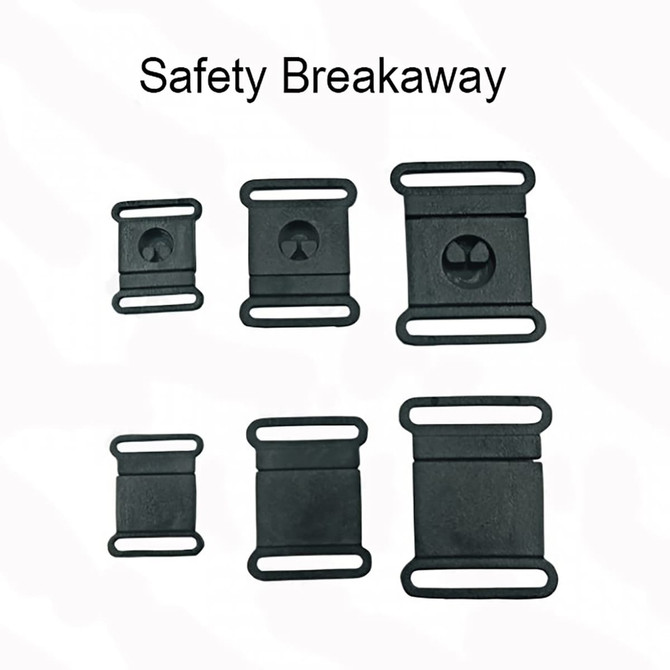 A collection of black safety breakaway clips in various sizes, designed for easy attachment and release.