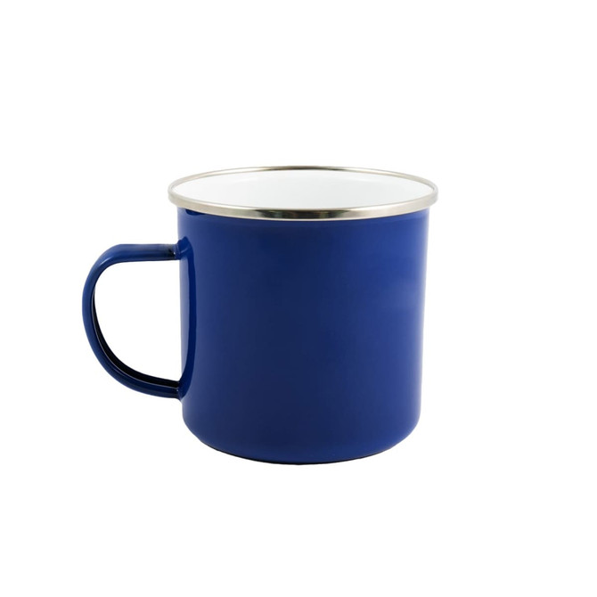 A blue enamel mug with a silver rim and a handle, suitable for various beverages.