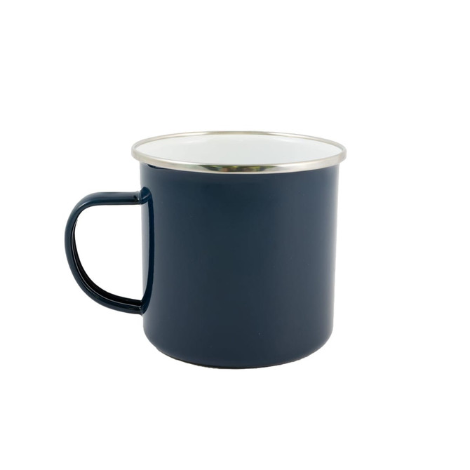 An enamel mug in navy blue with a silver rim and a side handle. Branding is visible on the mug.