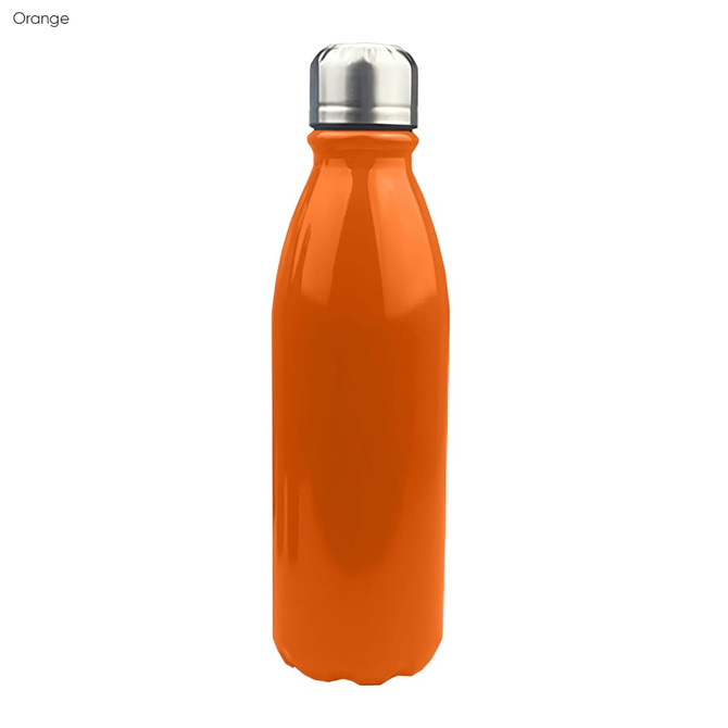 A drink bottle featuring a shiny orange finish with a metal screw cap and a branding logo.