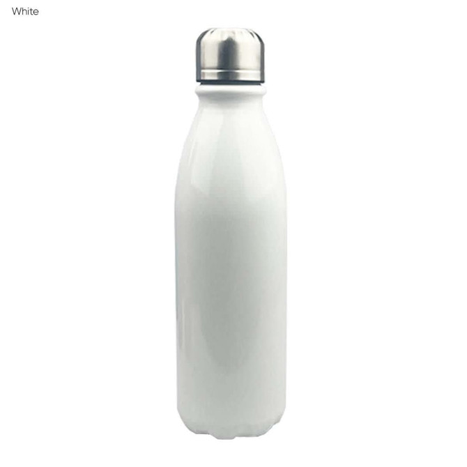 A drink bottle in white with a shiny aluminium cap and a sleek, single wall design. Features a logo.