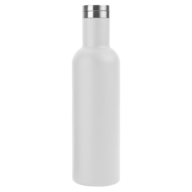 A drink bottle in matte white with a stainless steel top and a logo.