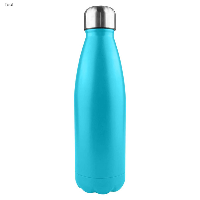 A drink bottle in teal with a shiny stainless steel cap and a smooth, single-wall design. It features a logo.