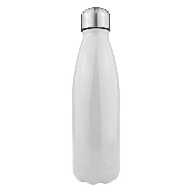 A drink bottle in shiny white stainless steel with a silver top, featuring a logo on its surface.