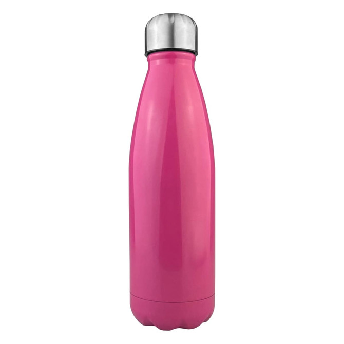 A drink bottle in bright pink stainless steel with a shiny finish and a metal cap, featuring a logo.