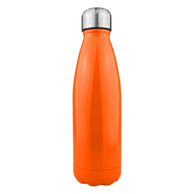 An orange stainless steel drink bottle with a shiny metallic lid and smooth surface. It features a logo on the body.