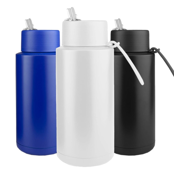 A drink bottle available in blue, white, and black with a straw and a carrying handle. It features a logo.