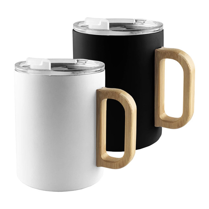 A set of two mugs in matte black and white finishes, featuring bamboo handles and clear lids.