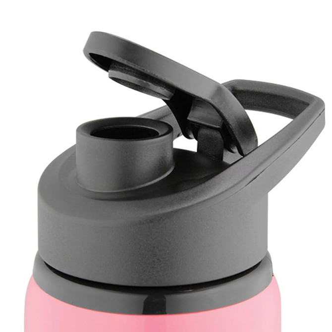 A drink bottle in pink with a black lid. The lid features a flip-top opening and a carry handle.