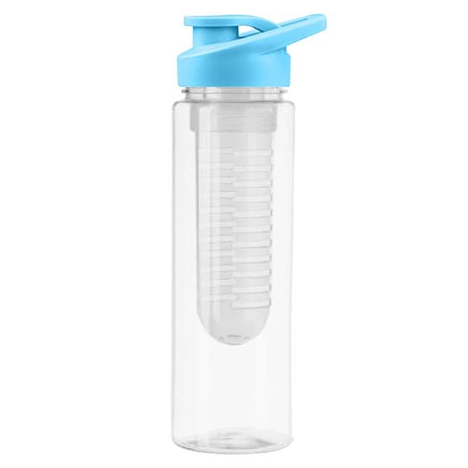 A drink bottle with a clear body and a light blue lid, featuring an infuser tube inside.