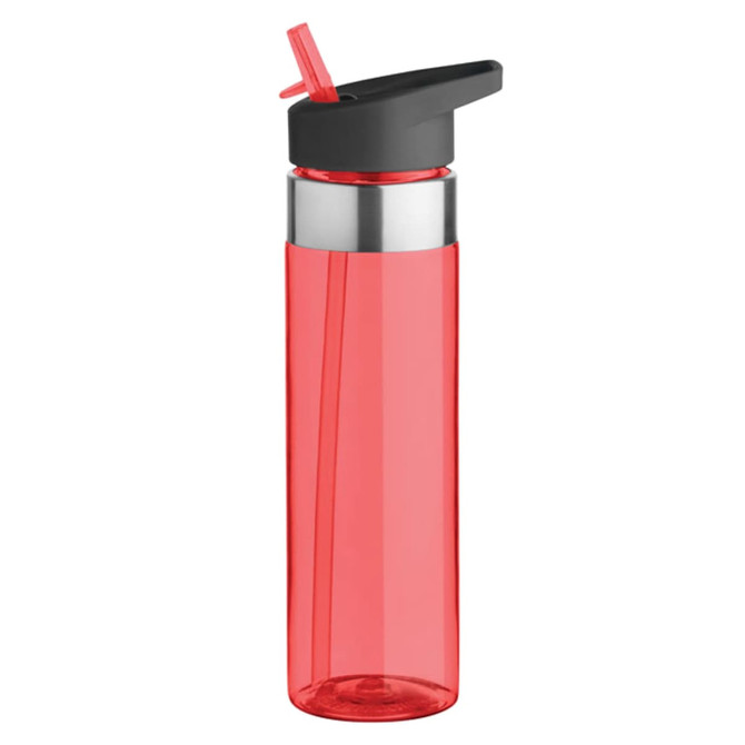 A drink bottle in red with a black lid and a straw, featuring a stainless steel band and a logo.