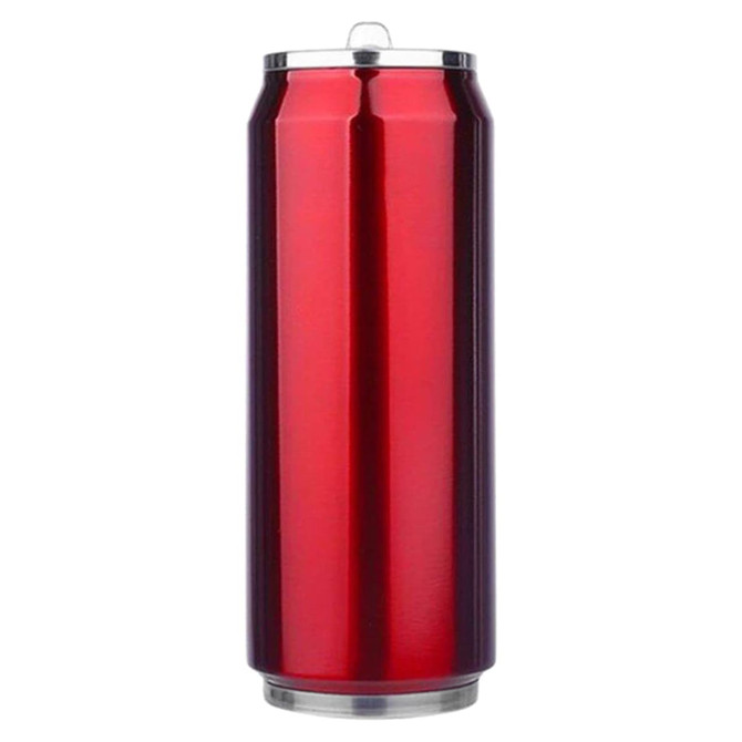 A drink bottle in a sleek red design, featuring a silver base and top. It includes a logo on the surface.