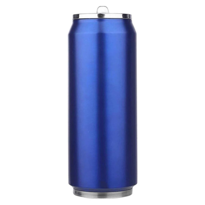A drink bottle in a glossy blue finish with a silver lid, featuring a branding logo.