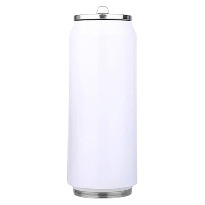 A drink bottle in white with a silver rim, featuring a sleek cylindrical design and a lid.