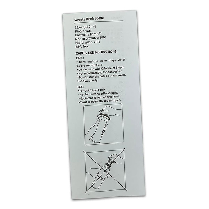 A drink bottle featuring a sleek design. It is white with care instructions and a logo on the label.