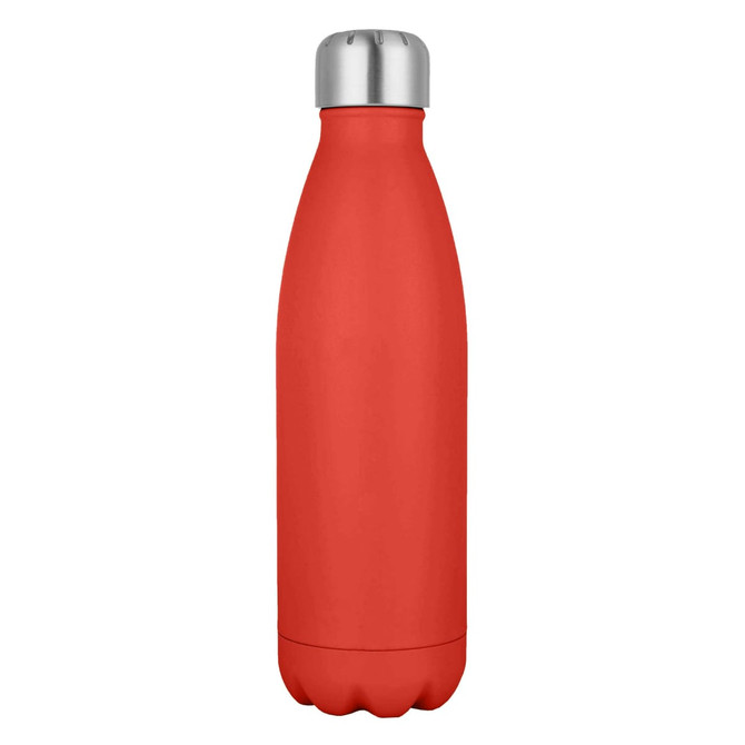 A drink bottle in vibrant red with a stainless steel cap and a sleek, contoured design. It has a logo on it.