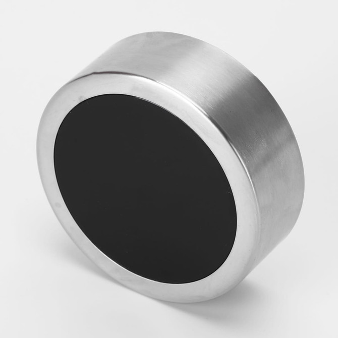 A drink bottle in a sleek silver design with a black base and a round shape, featuring a logo on its surface.